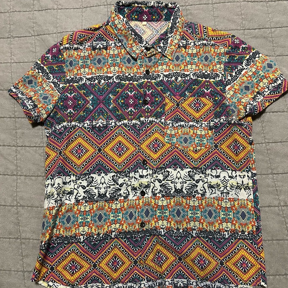 Multicolor Trippy Patterned Button-Down Short-Sle… - image 1